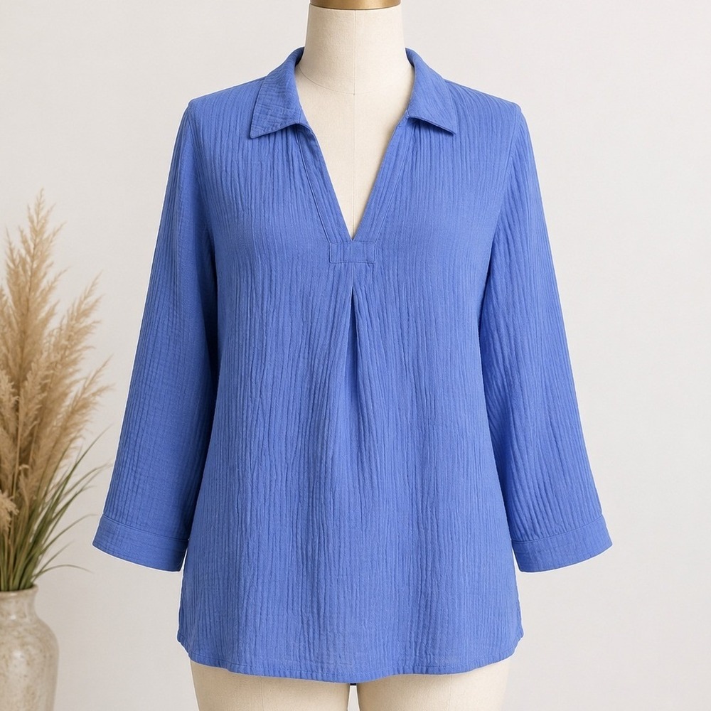 Soft Surroundings Petite Periwinkle Blue Gauze Split Neck Tunic Top PS Womens